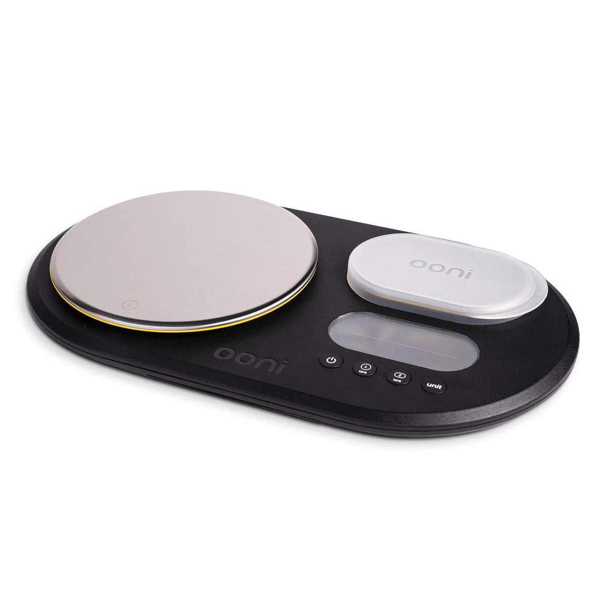 Ooni dual-platform digital scale with LCD display for precise dough measurements.