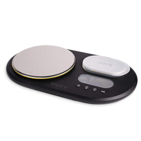 Ooni dual-platform digital scale with LCD display for precise dough measurements.