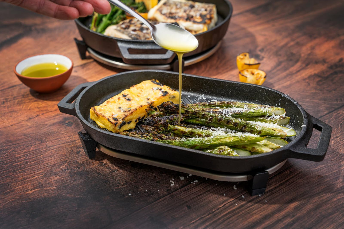 Ooni Grizzler Pan on hob for quick weeknight dinners.