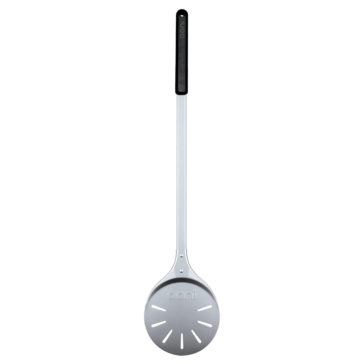 Ooni pizza turning peel, 7-inch aluminum surface for easy sliding under pizza.
