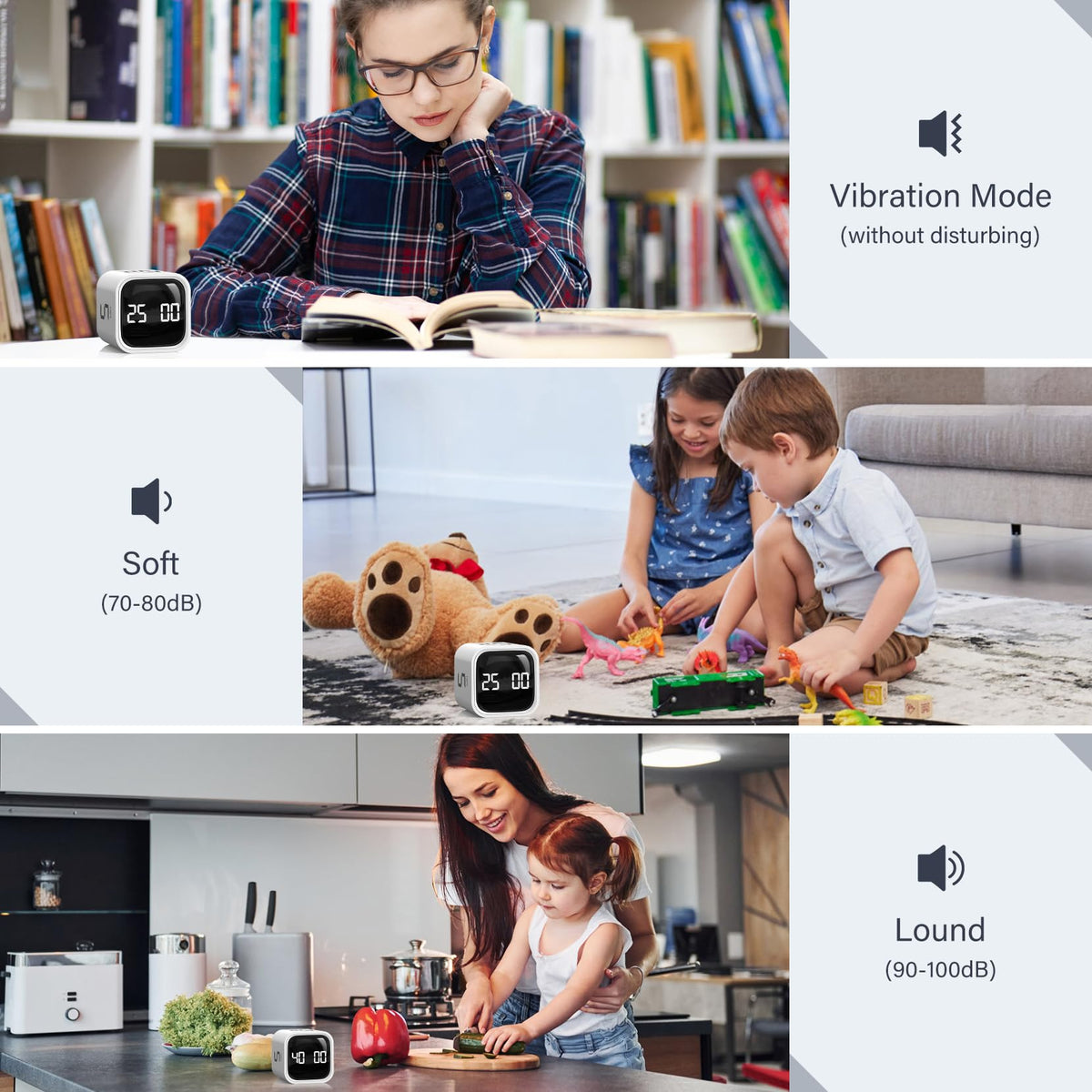 OORAII rotating pomodoro timer volume control showing silent to loud options
