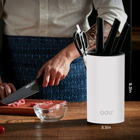 OOU knife block interior keeps knives upright for quick access.