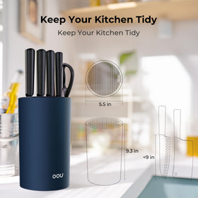 OOU universal knife block round blue double wave slots keeping blades upright
