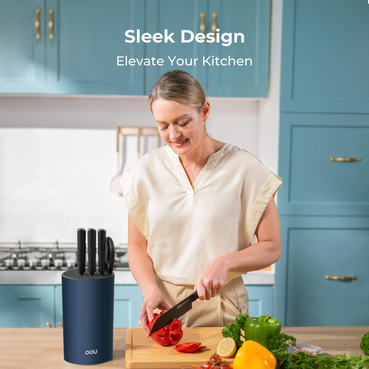 OOU universal knife block round blue drainage holes demonstrating drainage feature