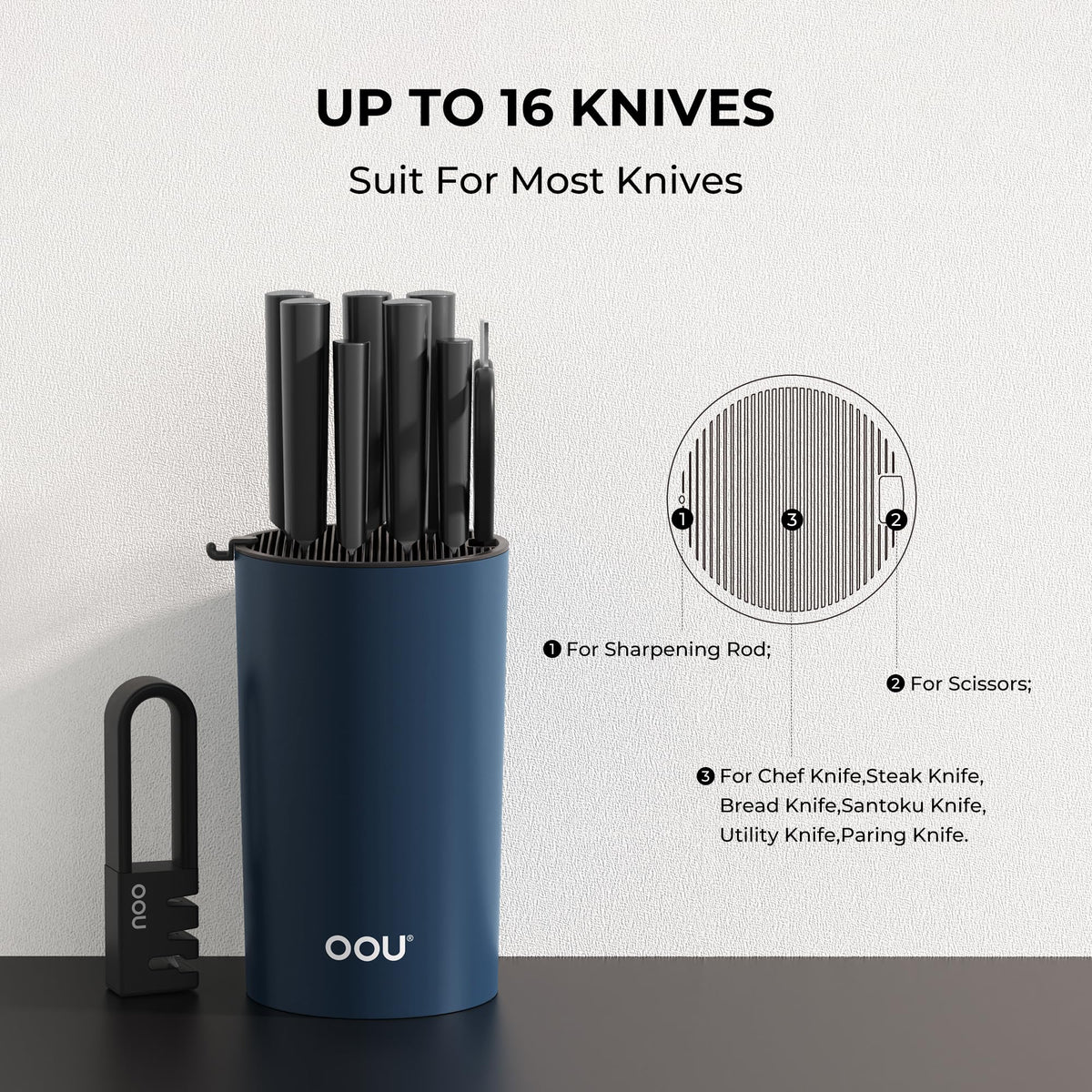 OOU universal knife block round blue with knives in slots protecting blades