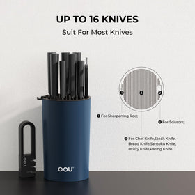 OOU universal knife block round blue with knives in slots protecting blades