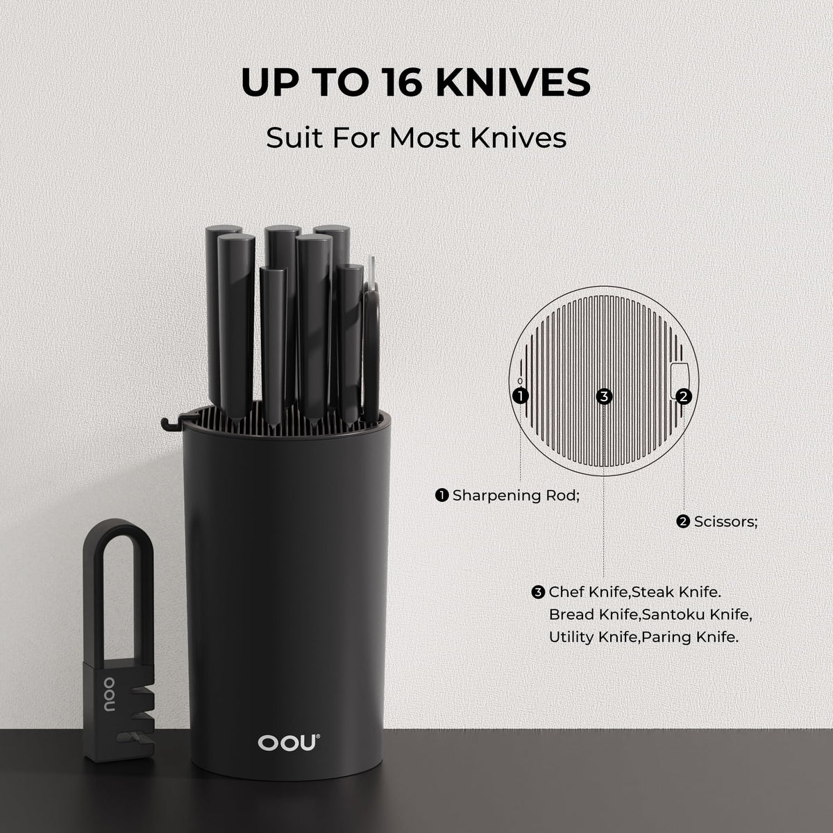 OOU universal knife block round inside slot keeps blades separated and protected.