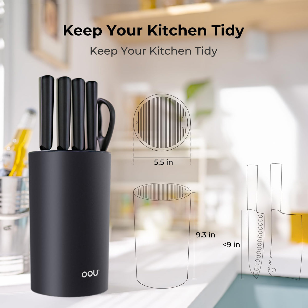 OOU universal knife block round double wave slots keep knives upright.