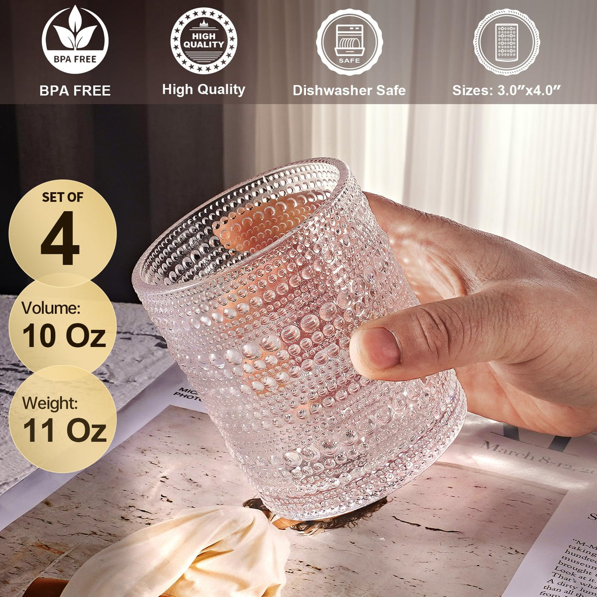 OPAYLY vintage embossed glass: comfortable hold, classic table appeal.