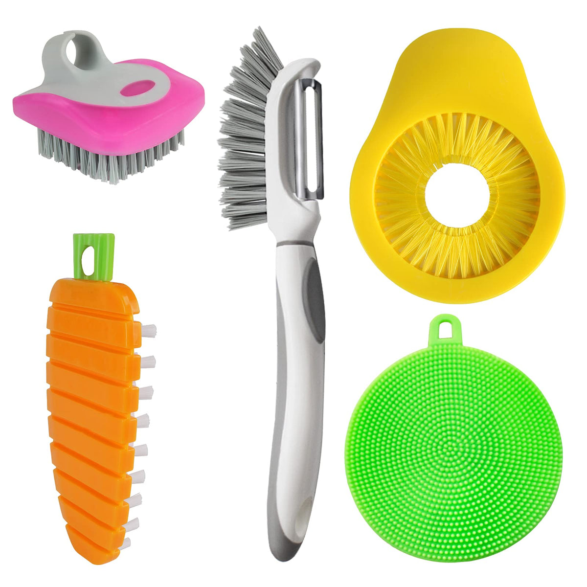 Openfly Flexible Vegetable Brush demonstrates bendable bristles for thorough veggie cleaning.