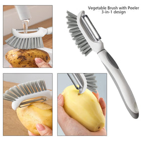 Openfly Fruit Brush with Peeler shows easy fruit prep and quick peeling.