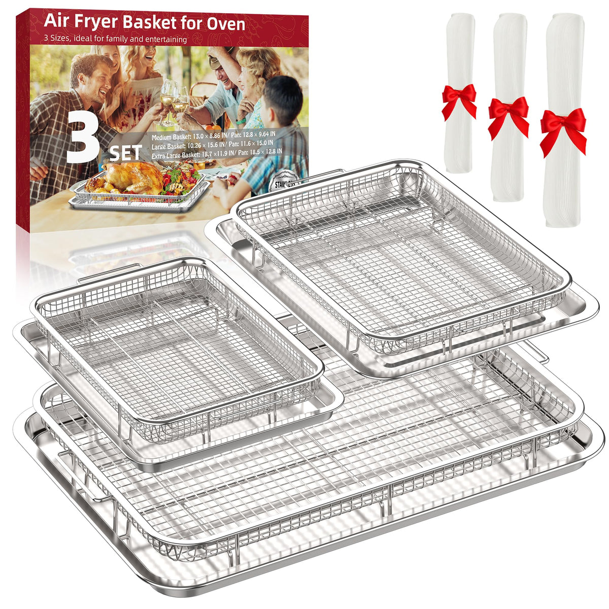 OPENICE air fryer basket in 12.8x9.6 inch size for compact oven cooking.