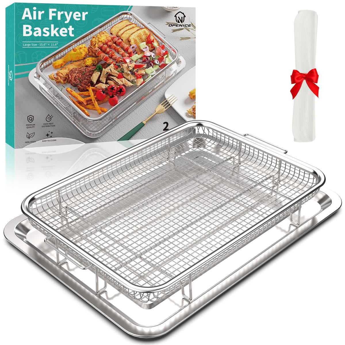 OPENICE air-fryer basket in oven for large-capacity family meals.