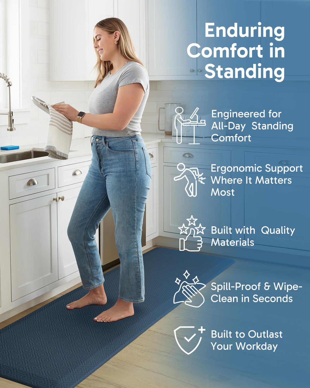 Ophanie beveled edge design minimizes trip risk in busy kitchens.