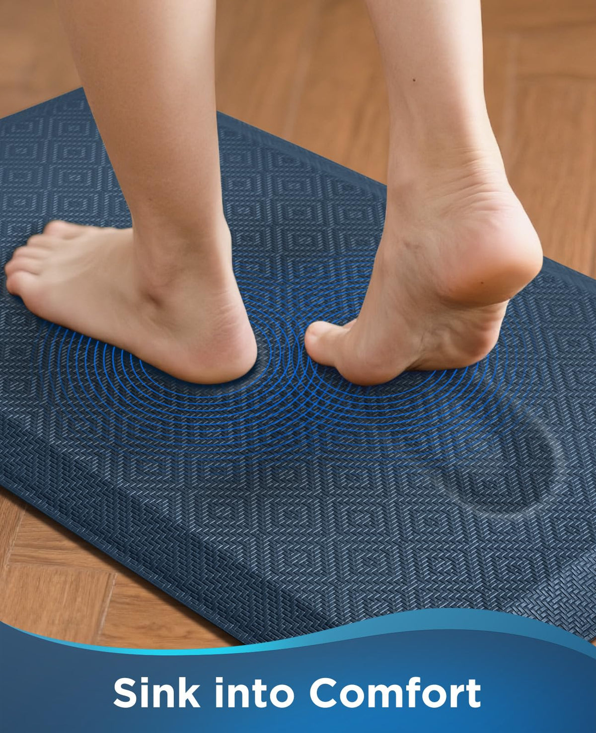 Ophanie anti-fatigue foam-core surface reduces leg fatigue during kitchen tasks.