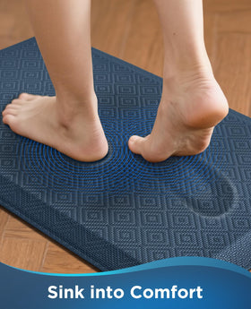 Ophanie anti-fatigue foam-core surface reduces leg fatigue during kitchen tasks.