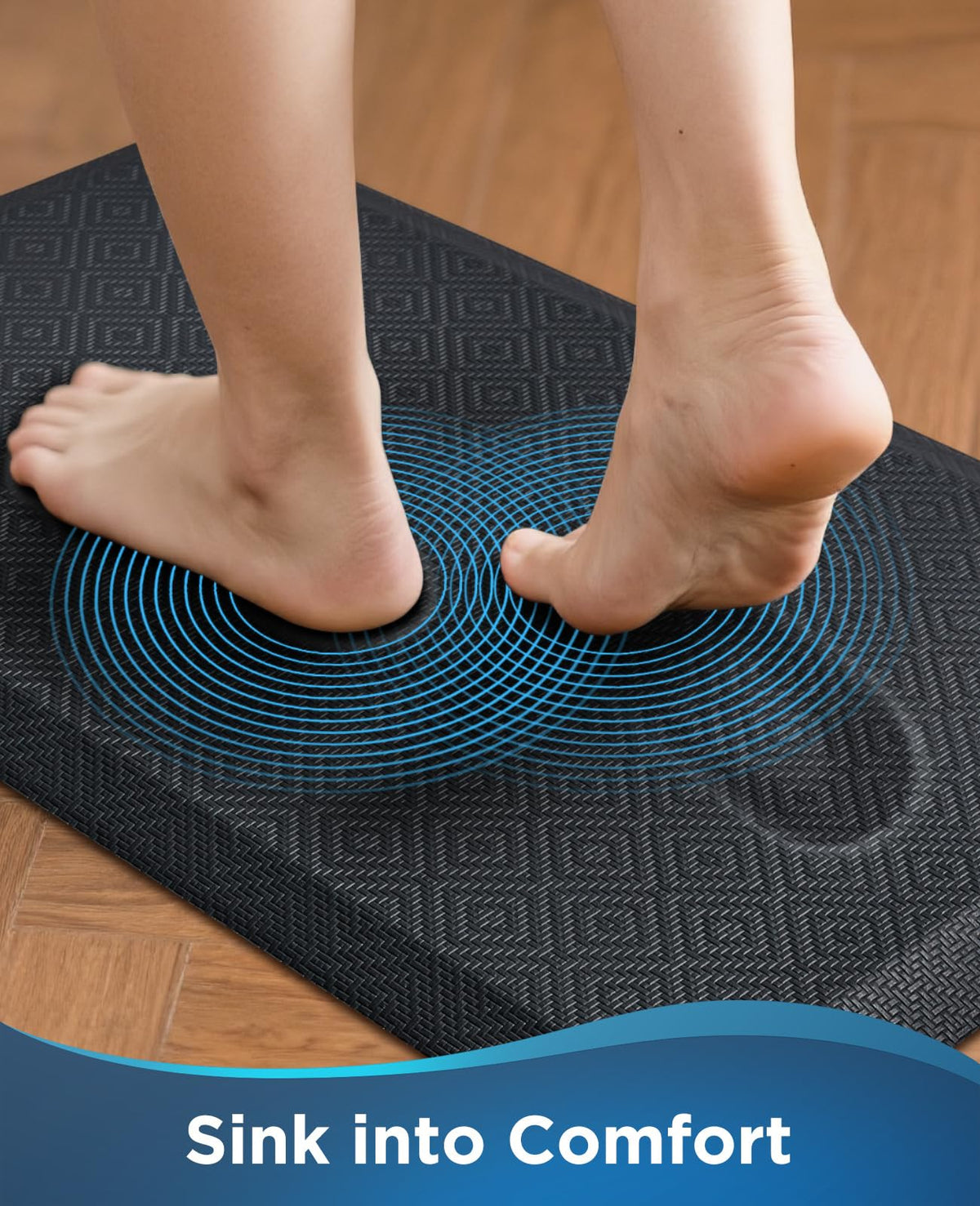 Ophanie anti-fatigue foam mat supports feet and legs for standing tasks in daily routines.