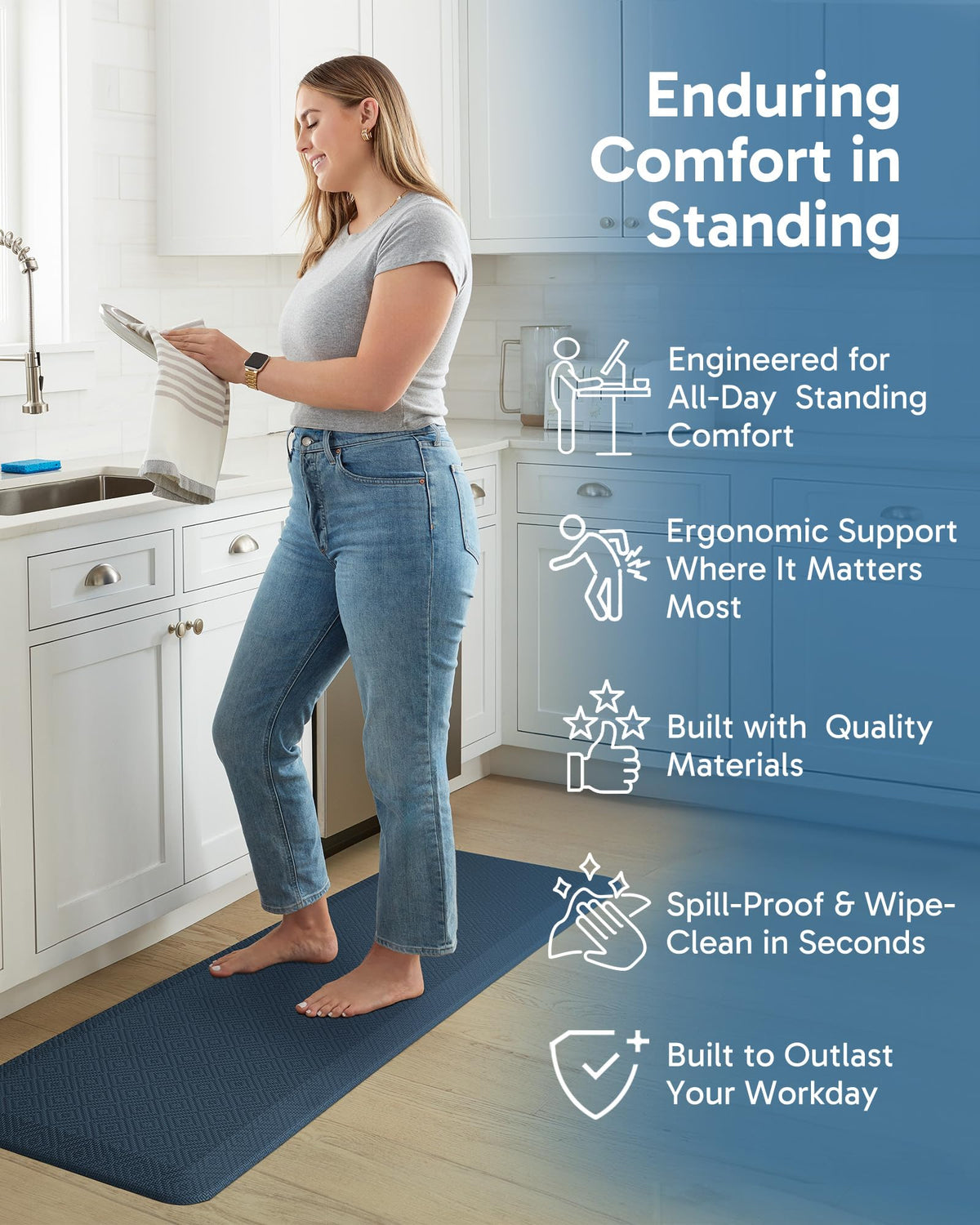Ophanie Kitchen Mat beveled edge design reduces trips and enhances edge comfort.