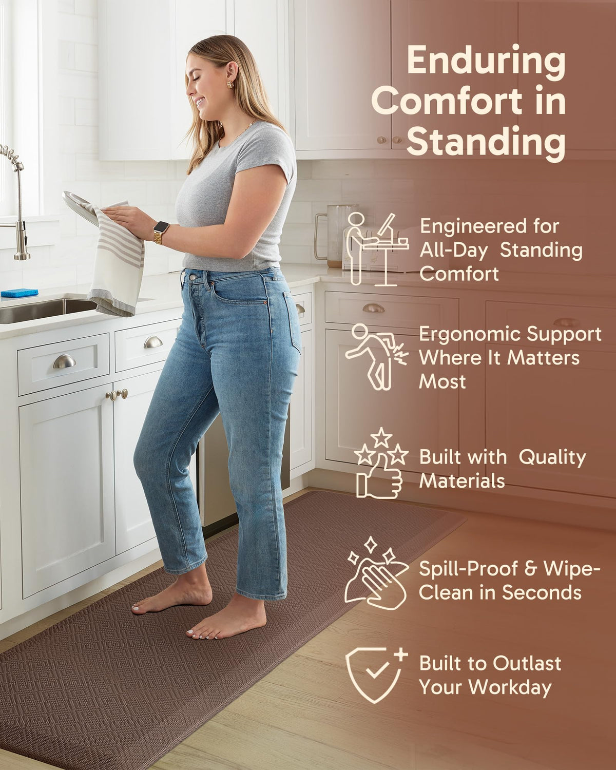 Ophanie Kitchen Mat beveled edge design reduces tripping hazards in high-traffic areas.