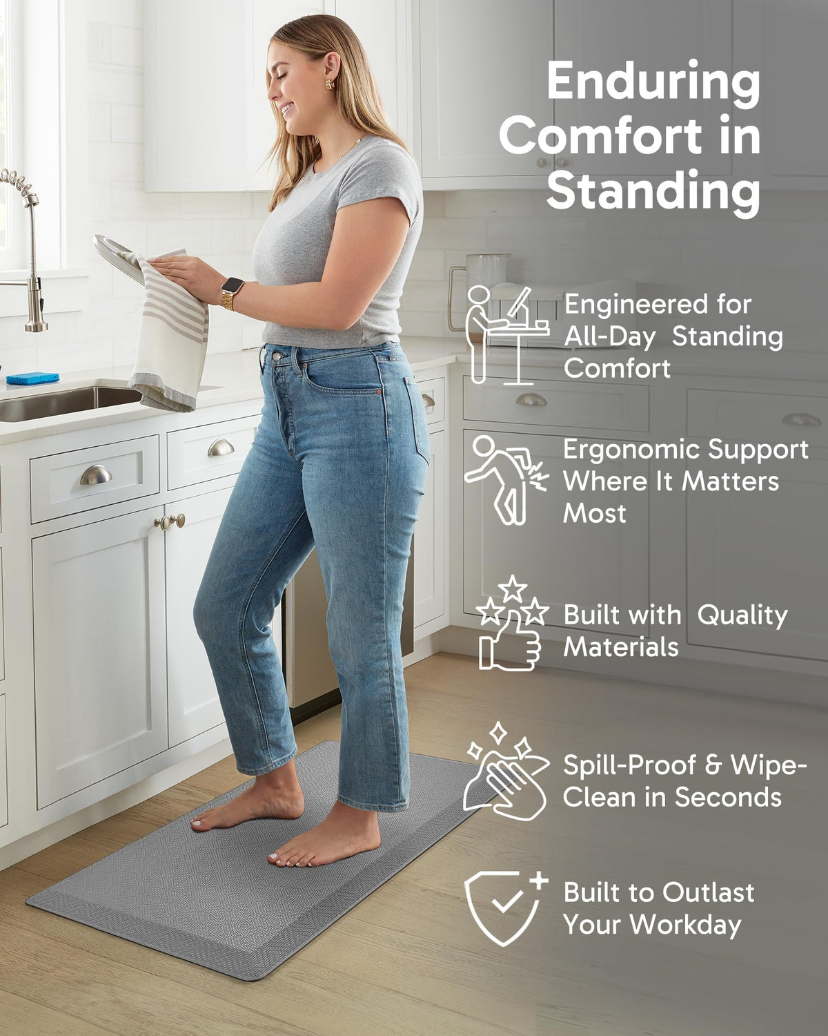 Ophanie mat with slip-resistant backing stays secure on dry floors.