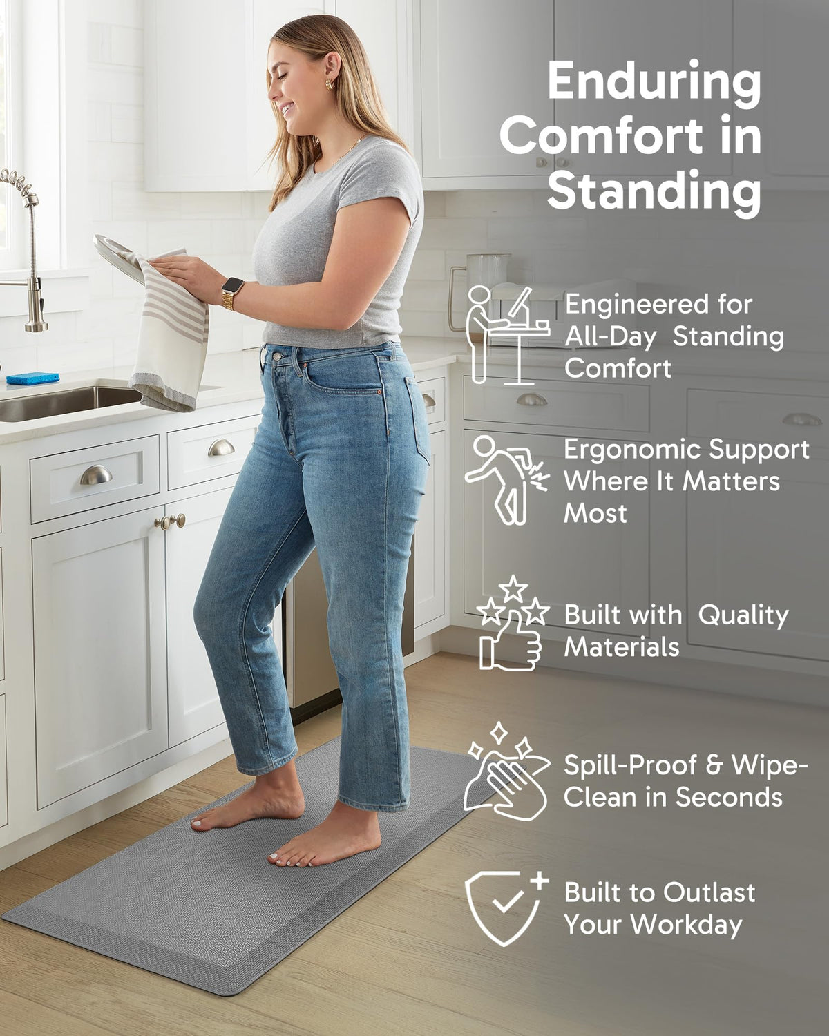 Ophanie kitchen mat waterproof surface demonstrates easy wipe-clean for busy kitchens.