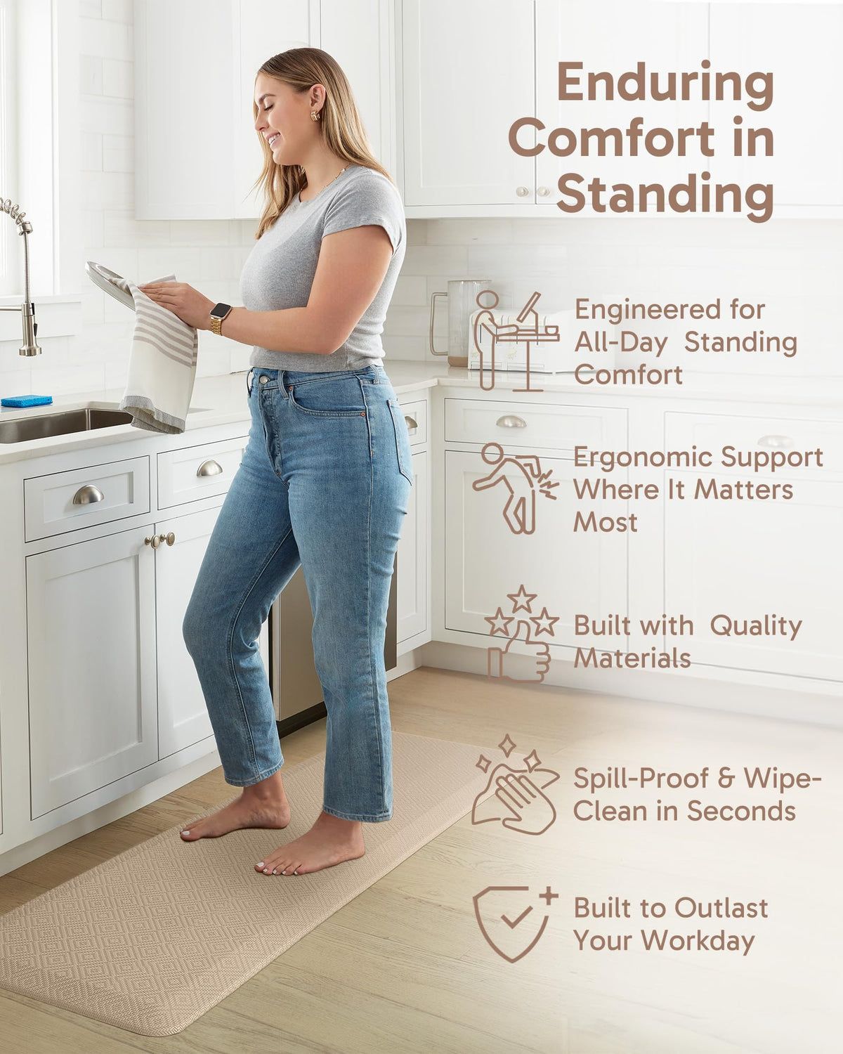 Ophanie Kitchen Mat waterproof surface cleans easily after spills.