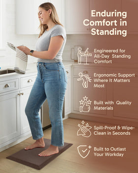 Ophanie waterproof surface eases cleanup after spills in the kitchen or workspace.