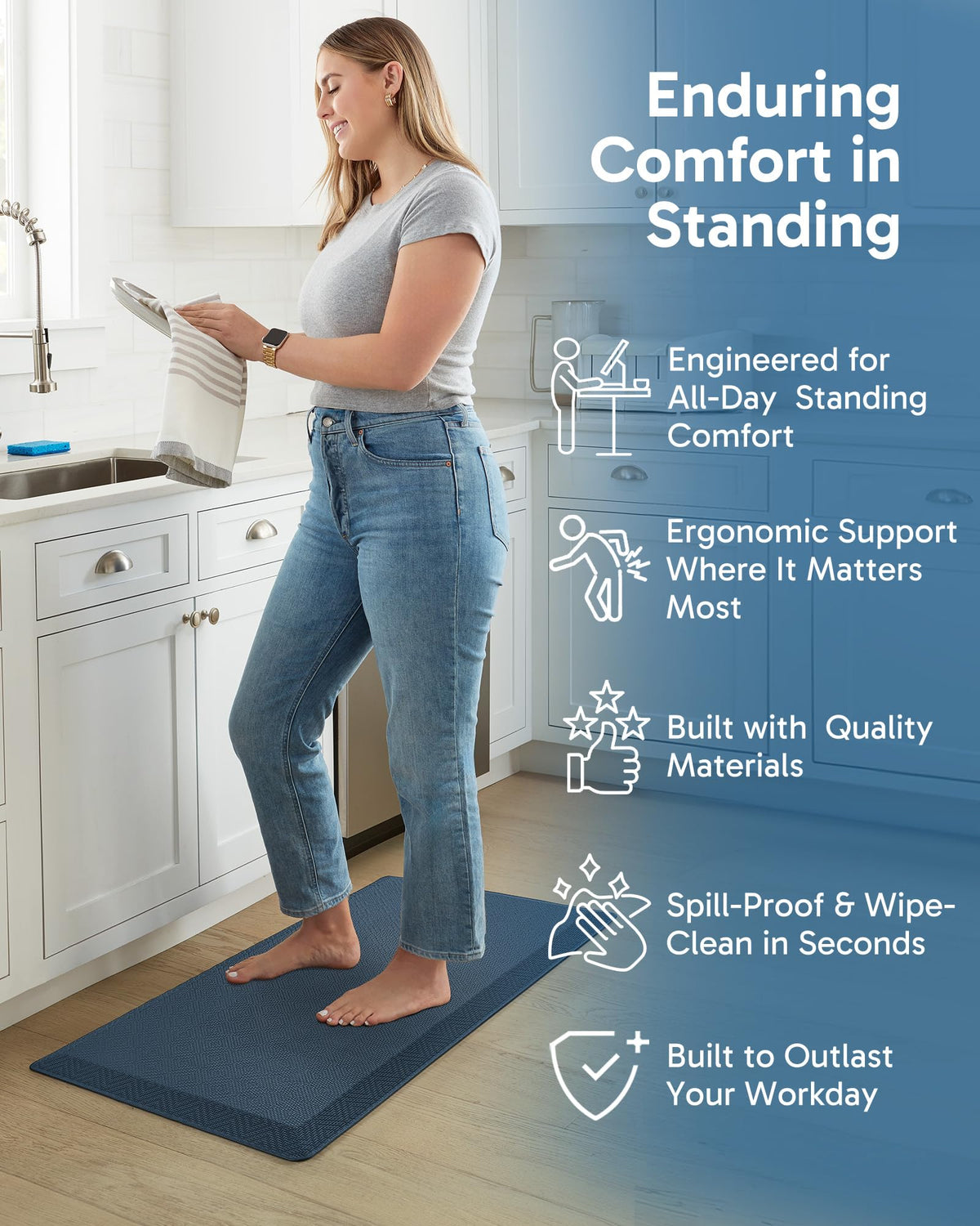 Ophanie waterproof kitchen mat resists spills and cleans easily for busy kitchens.
