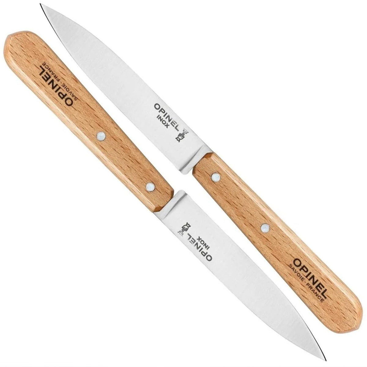 OPINEL No. 112 paring knife set with stabilized beechwood handles for durable kitchen use.
