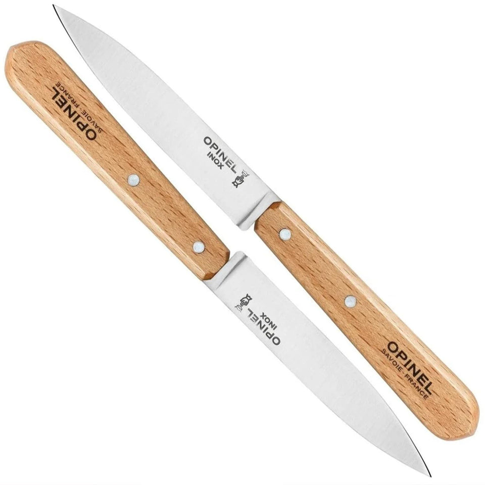 OPINEL No. 112 paring knife set with stabilized beechwood handles for durable kitchen use.
