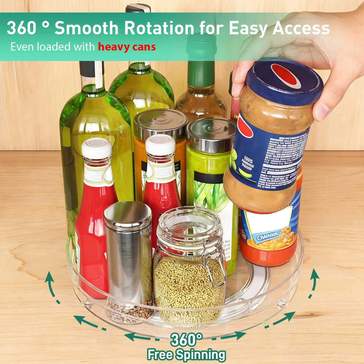Optish Lazy Susan 360-degree rotation aids quick access in the refrigerator.
