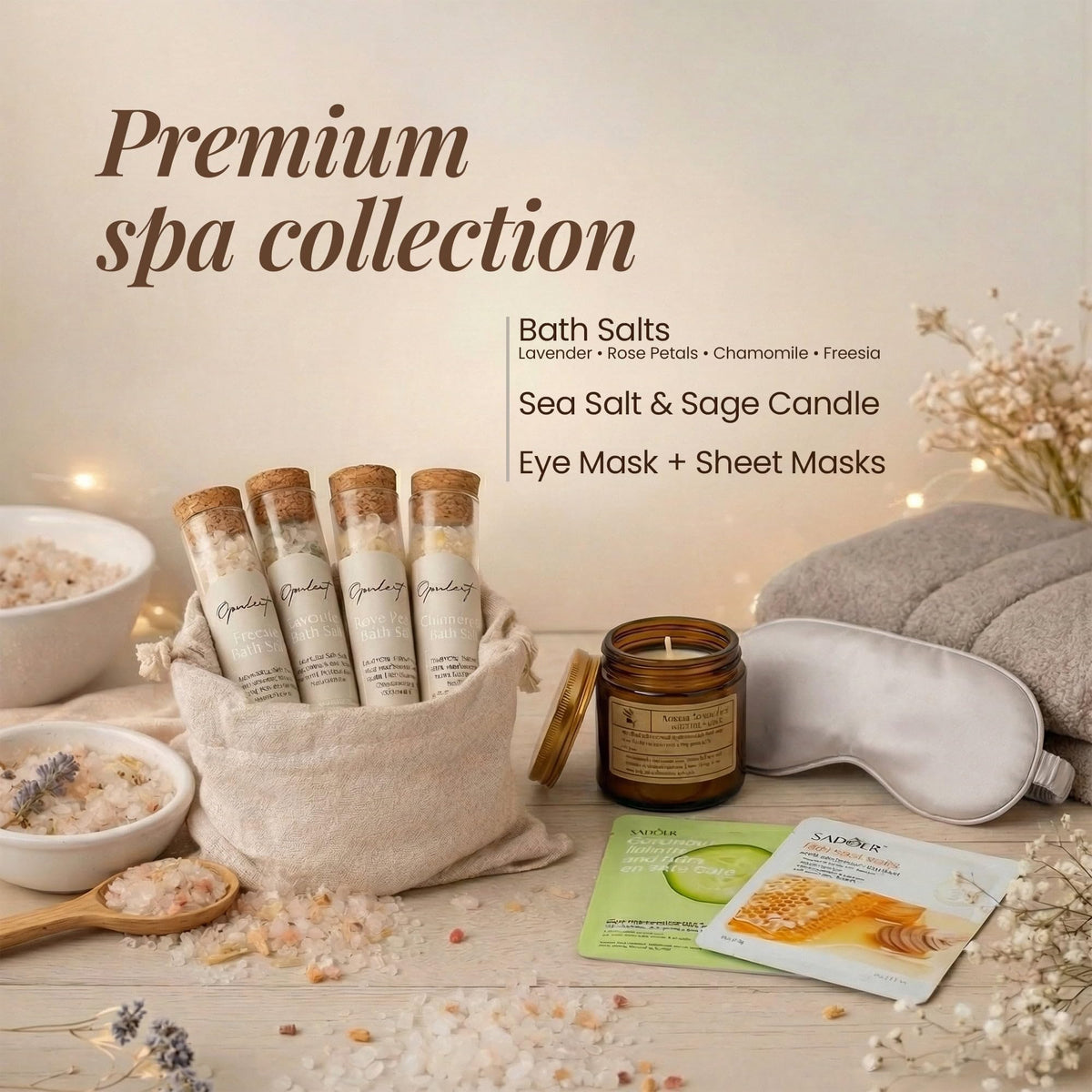 Opulent bath salts and sheet masks enable at-home spa rituals.