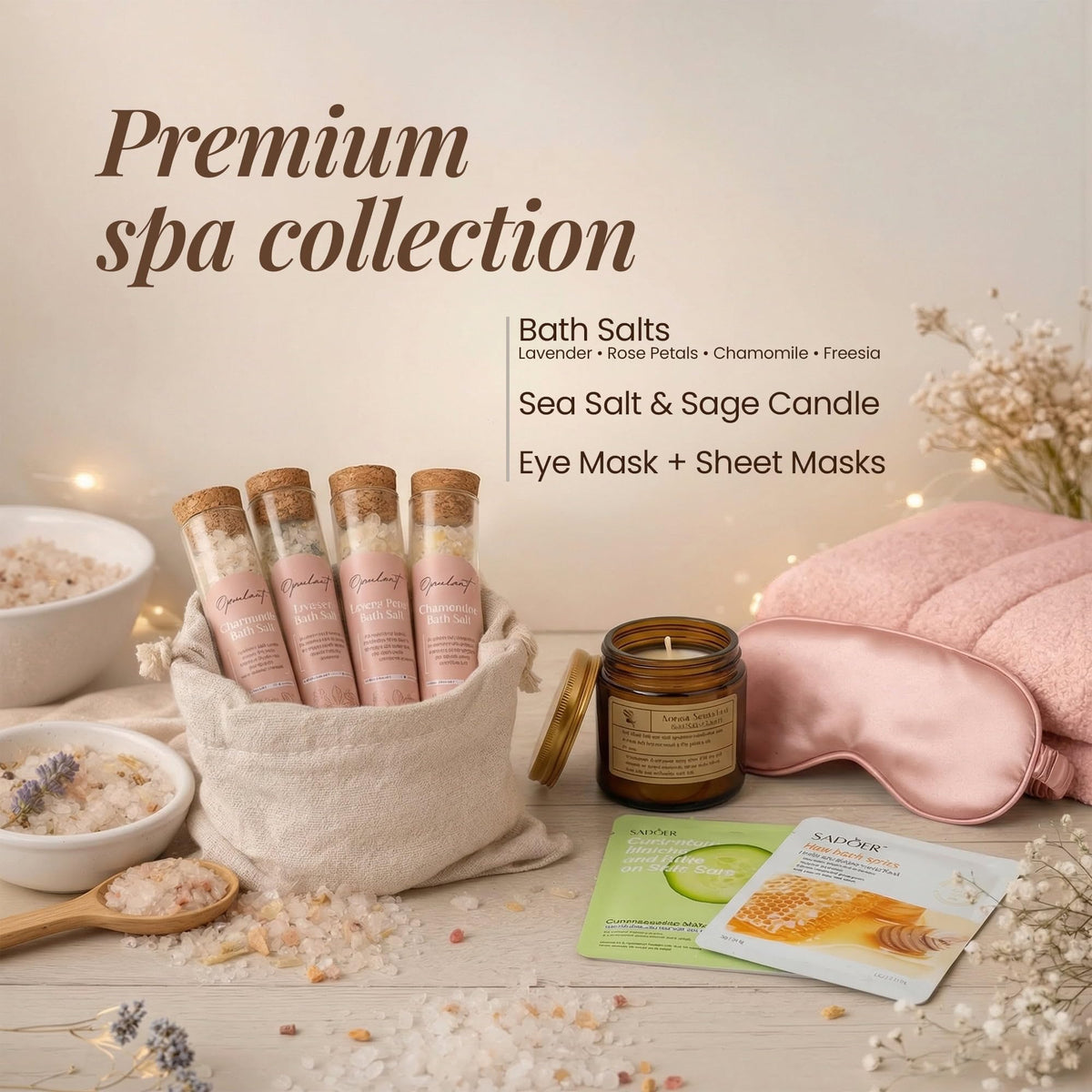 Opulent bath salts and sleeping masks set, spa-like self-care at home.