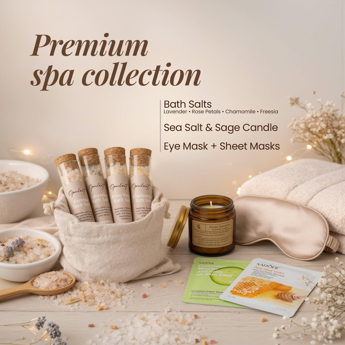 Opulent bath salts tubes ready for a calming at-home bath.