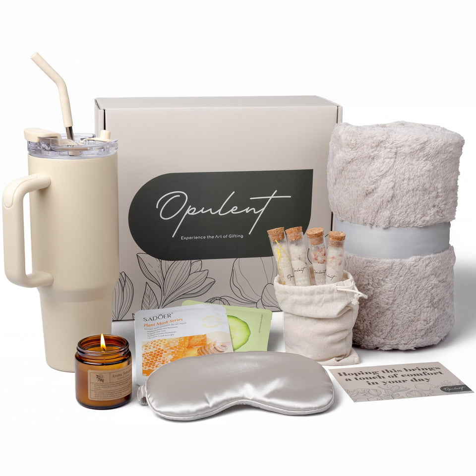Opulent hug-in-a-box gift box highlighting comfort and care.