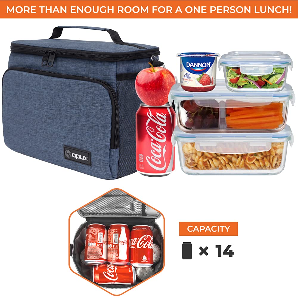 Opux insulated lunch bag front pocket stores utensils and napkins.