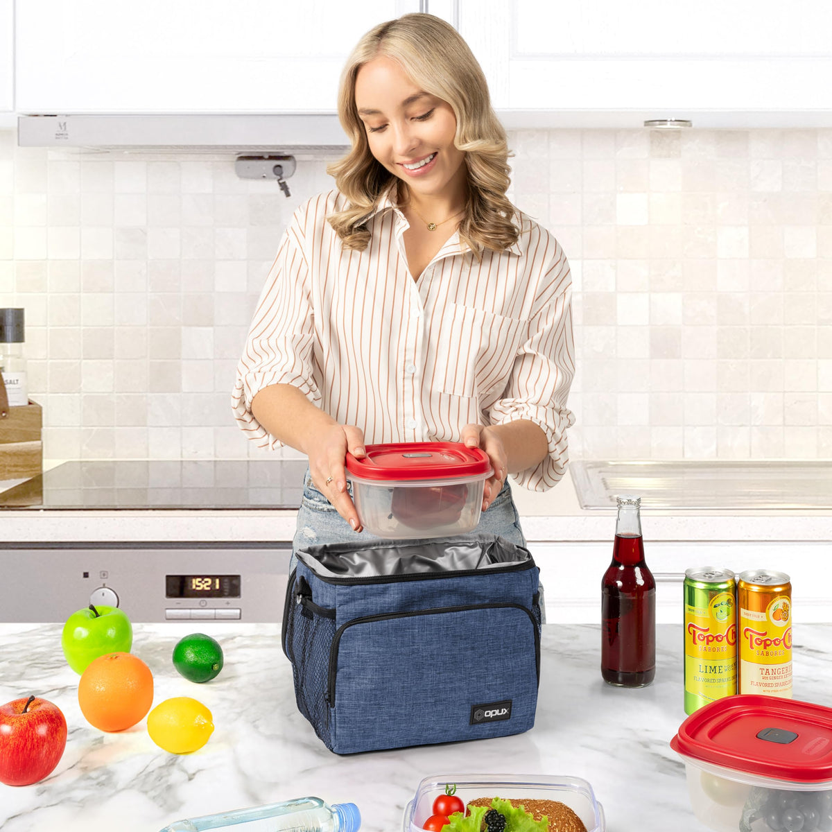 Opux insulated lunch bag adjustable shoulder strap for comfortable carry.