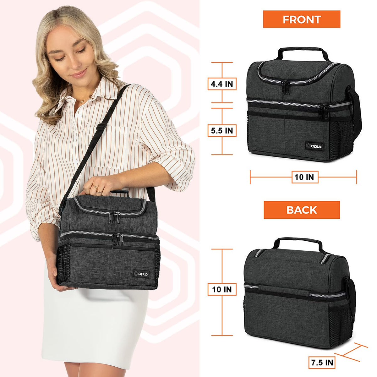 OPUX lower deck stores meals with ice packs for all-day freshness.