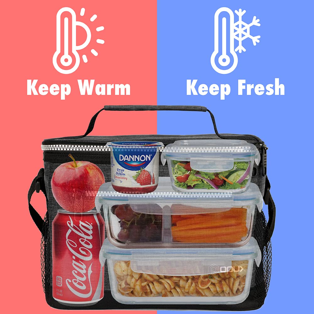 Opux lunch bag side pocket keeps drinks within reach