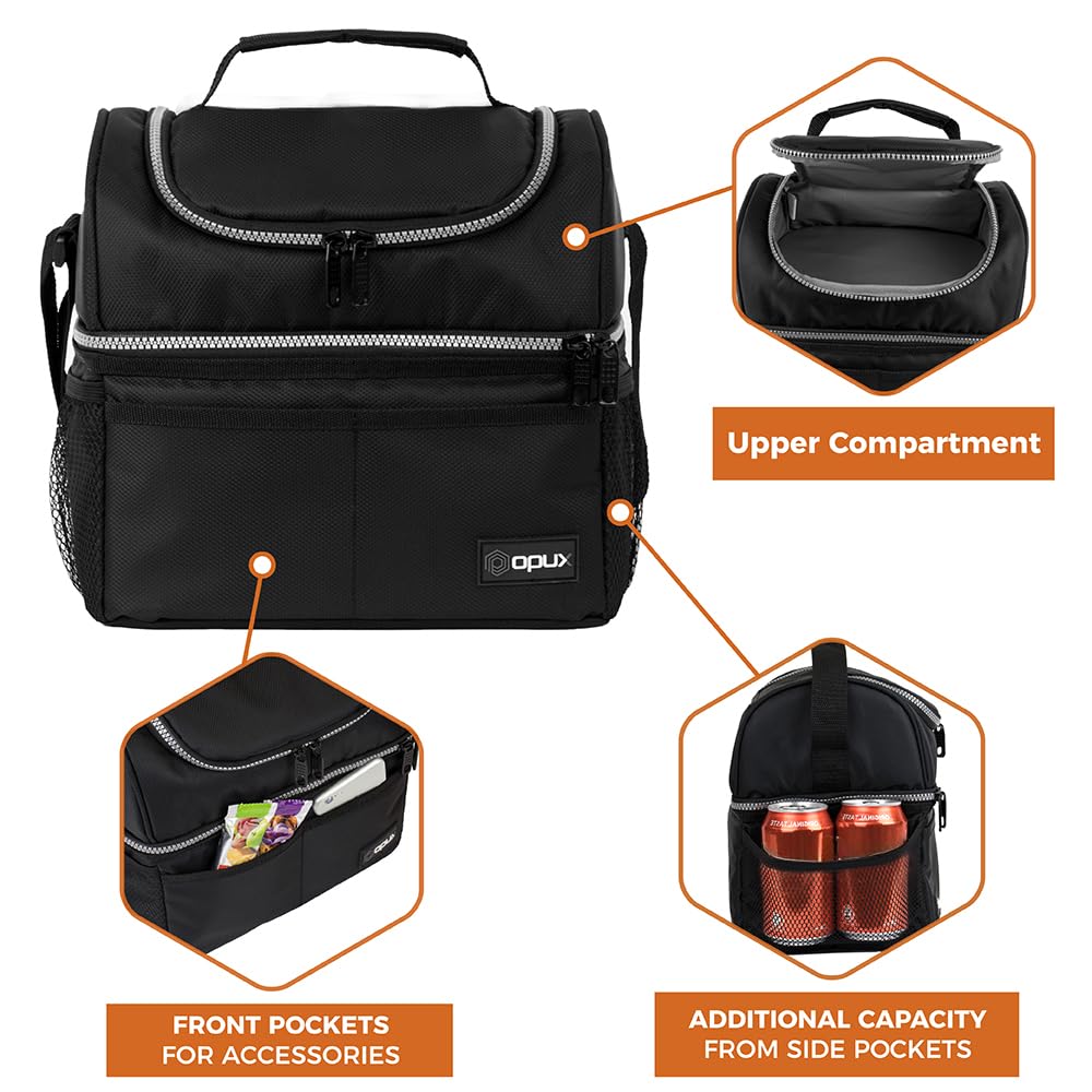 OPUX lunch box with shoulder strap and top handle for easy carrying.