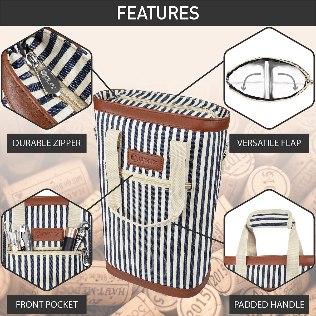 OPUX navy-striped tote designed for BYOB picnics and outdoor gatherings