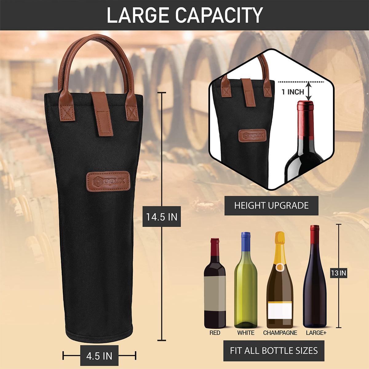 Opux padded protection lining guards wine during transport.