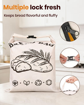 Opvener natural cotton bread keeper demonstrates sustainable, reusable kitchen solution.