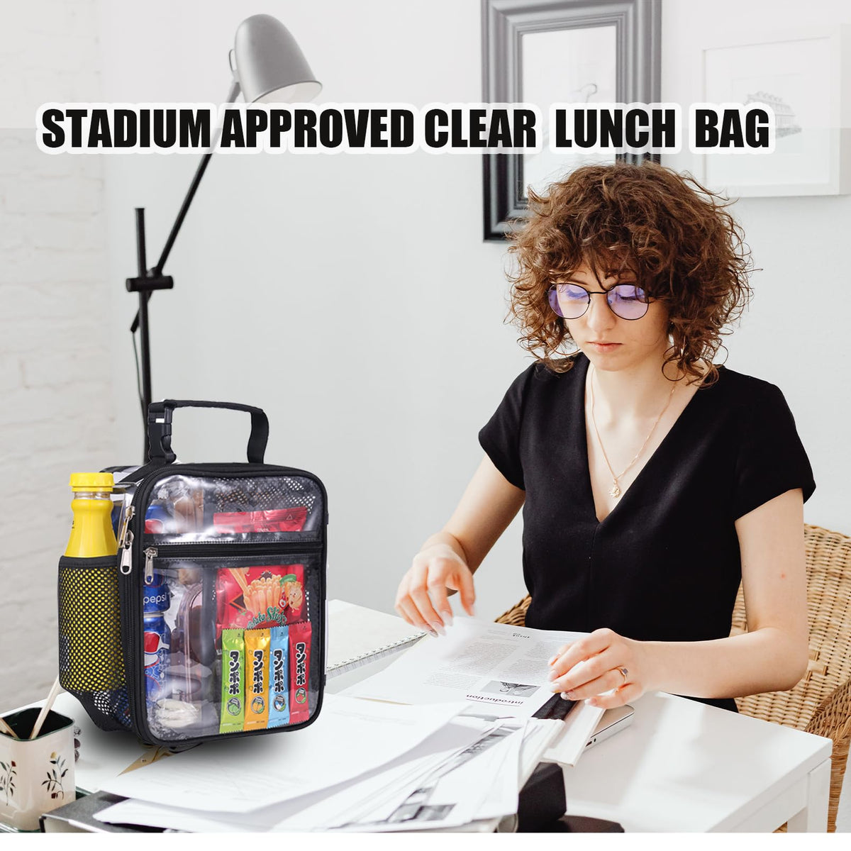 Oraben clear lunch bag back view highlights all-around visibility and security-friendly layout.
