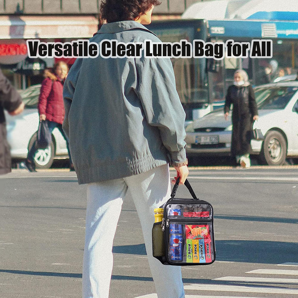 Oraben clear lunch bag fits in backpacks for on-the-go meals.
