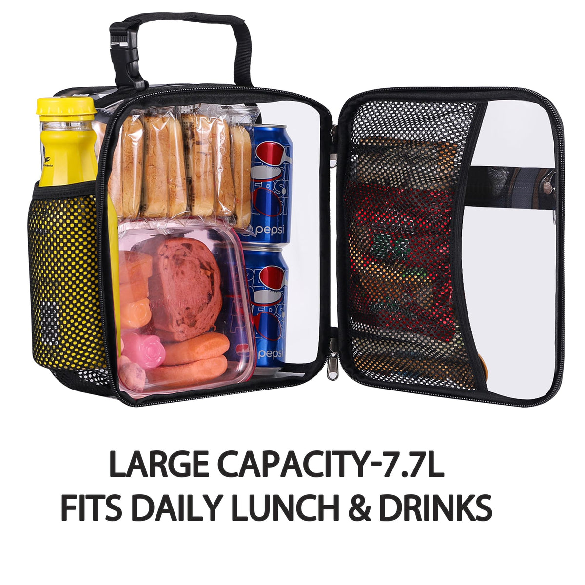 Oraben clear lunch bag side compartments demonstrates organized storage for utensils and small items.