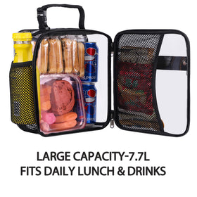 Oraben clear lunch bag side compartments demonstrates organized storage for utensils and small items.