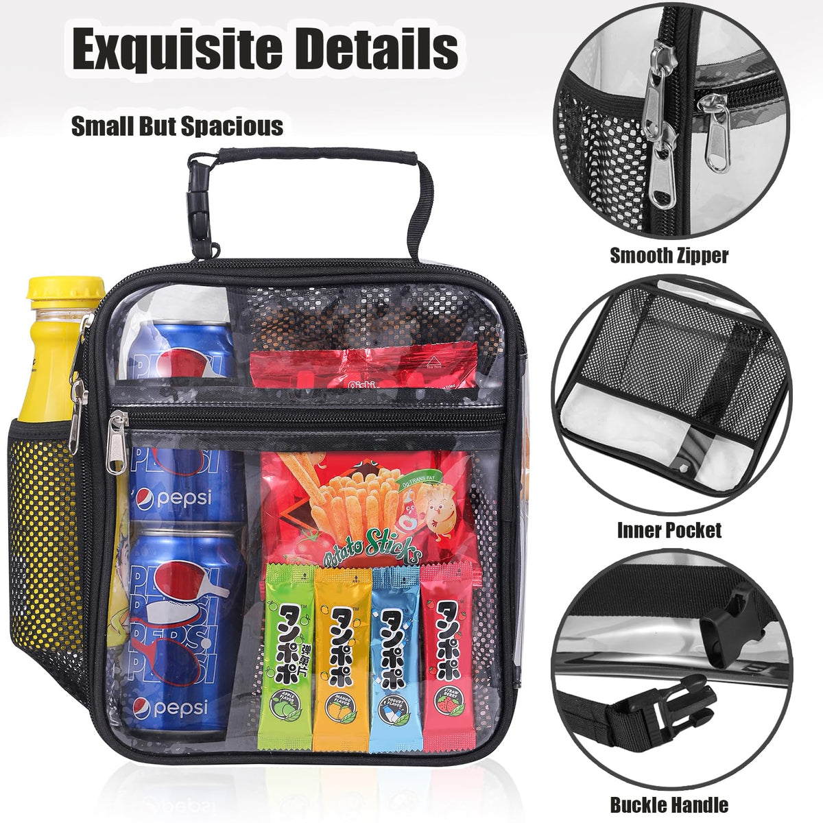 Oraben clear lunch bag two-zipper closure keeps belongings secure during transit.