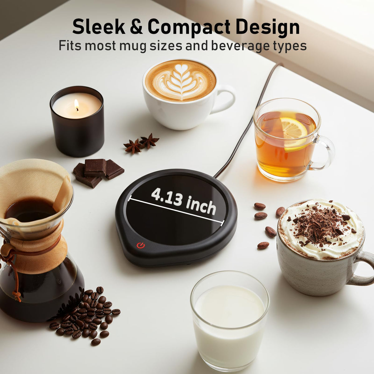 Oracer coffee mug warmer extended cord for versatile placement on any desk.