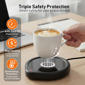 Oracer coffee mug warmer glass surface close-up highlighting easy cleaning and heat retention.